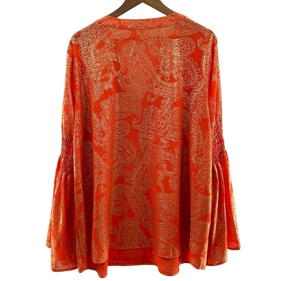 Michael Kors Poppy/Gold Samara Smocked Bell Sleeve Tunic Metallic Blouse Size 2X - Picture 8 of 13